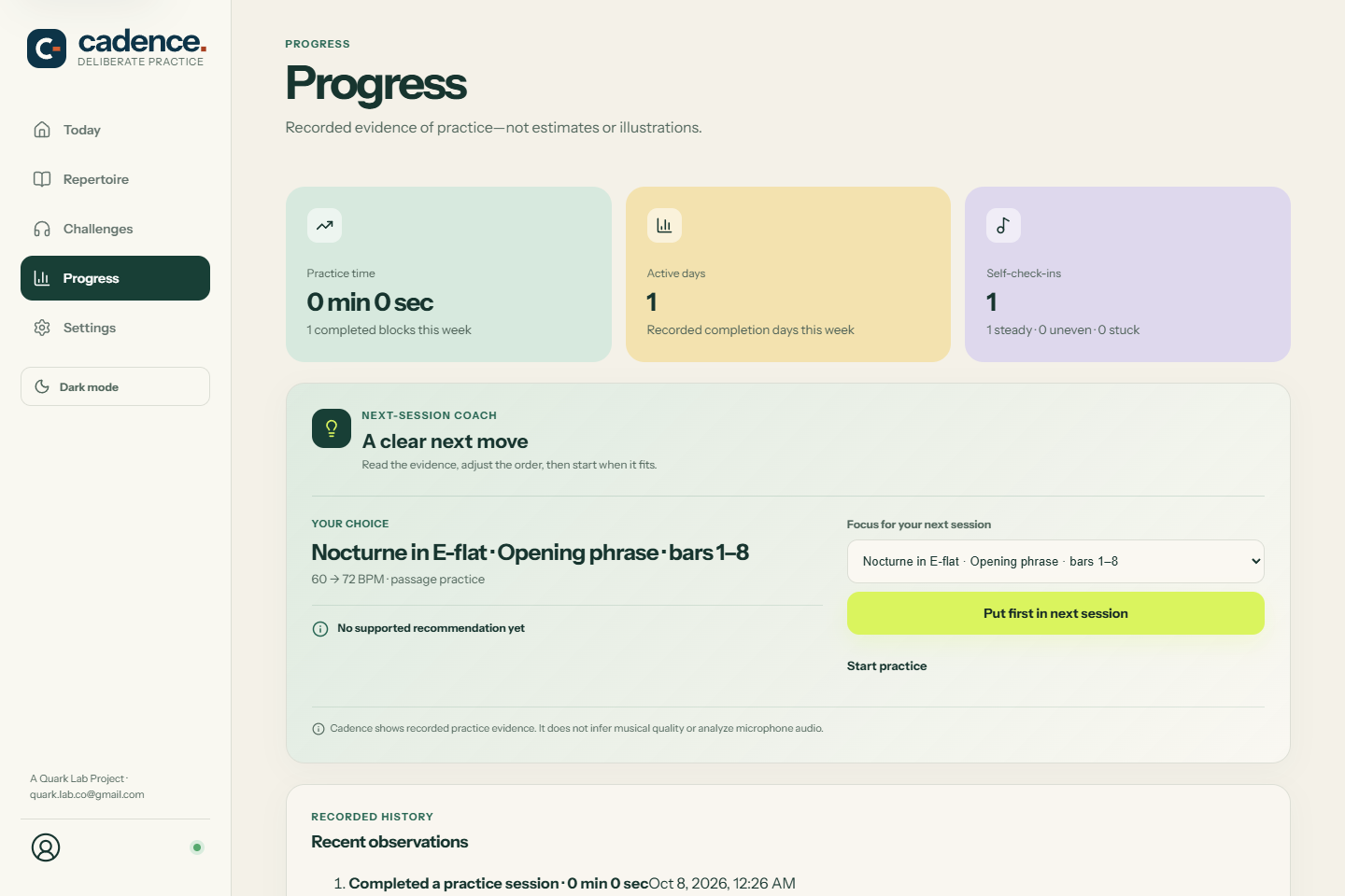 Real Cadence Progress screen on desktop, showing a sample practice record and next-session coach.